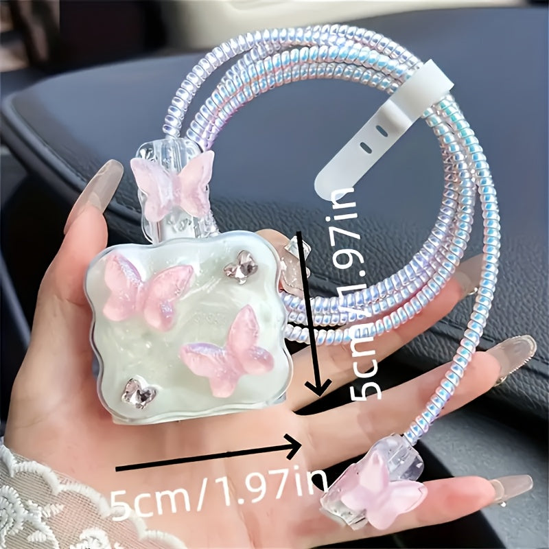 5pcs Butterfly Style iPhone Charging Cable Protection Set, TPU Material Charging Cable and Charger Head Protective Cover with Decorative Butterflies